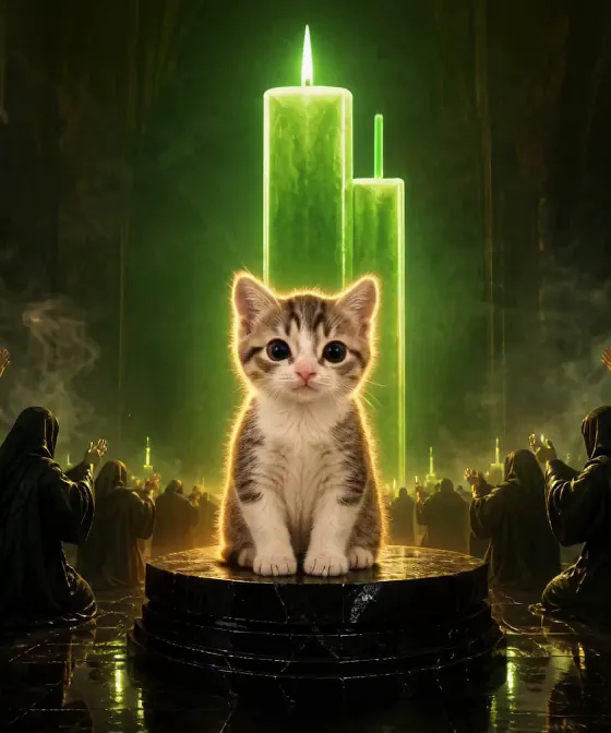 mew, a small tabby kitten, sitting on a pedestal before a green candle